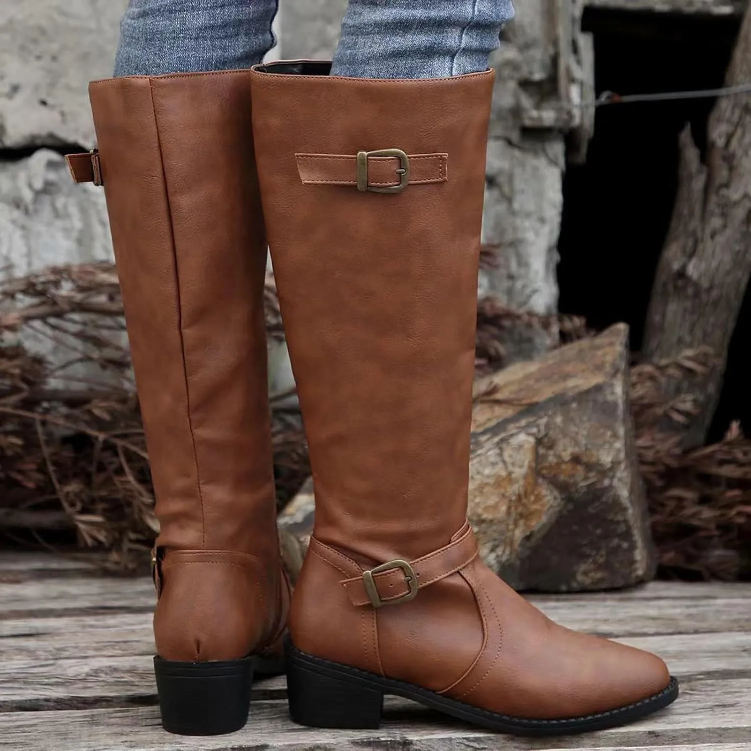 Women's Cowboy Boots, Cowgirl Mid Calf Western Boots Waterproof Ladies Chunky Heels Knee High Boots with Buckle Deco