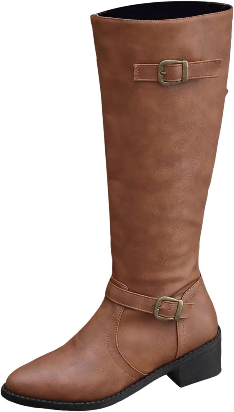 Women's Cowboy Boots, Cowgirl Mid Calf Western Boots Waterproof Ladies Chunky Heels Knee High Boots with Buckle Deco