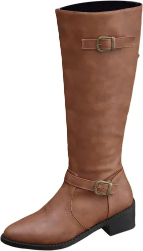 Women's Cowboy Boots, Cowgirl Mid Calf Western Boots Waterproof Ladies Chunky Heels Knee High Boots with Buckle Deco