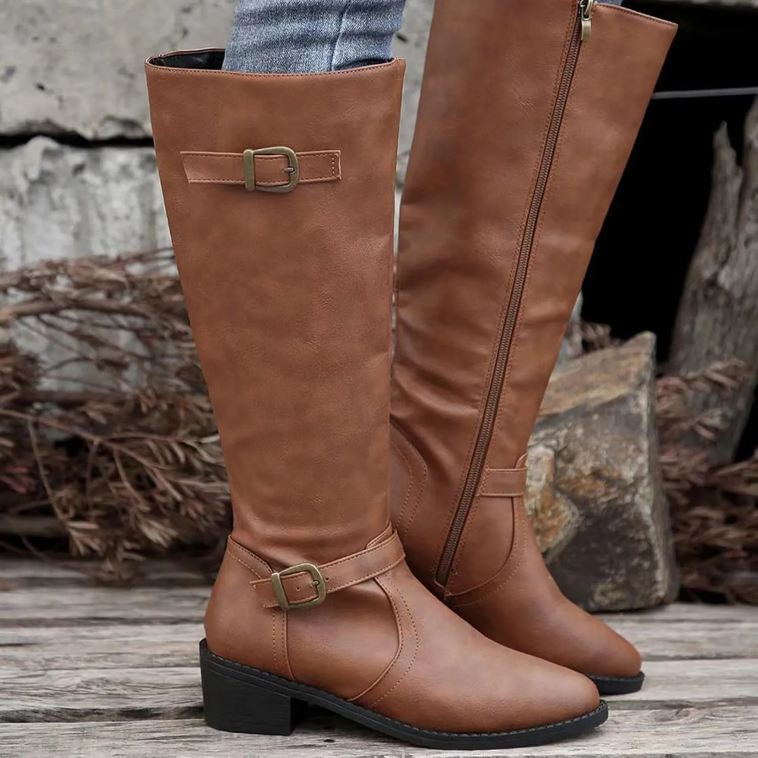 Women's Cowboy Boots, Cowgirl Mid Calf Western Boots Waterproof Ladies Chunky Heels Knee High Boots with Buckle Deco