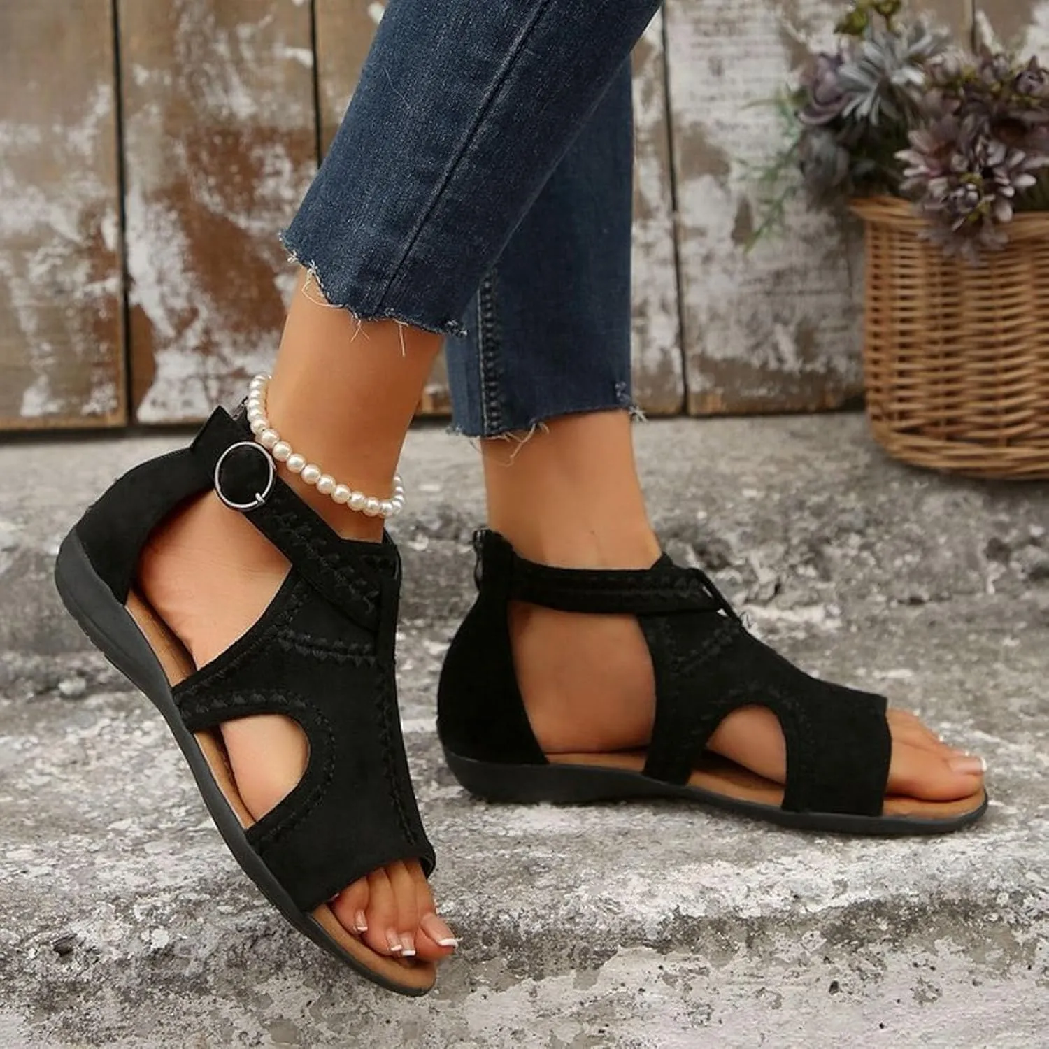 Women's Fashion Flat Sandals 2025 Spring Summer Casual Open Toe Solid Color Hollow Out Sandals Casual Comfortable Lightweight Mules Adjustable Slide Walking Shoes for Daily Wear