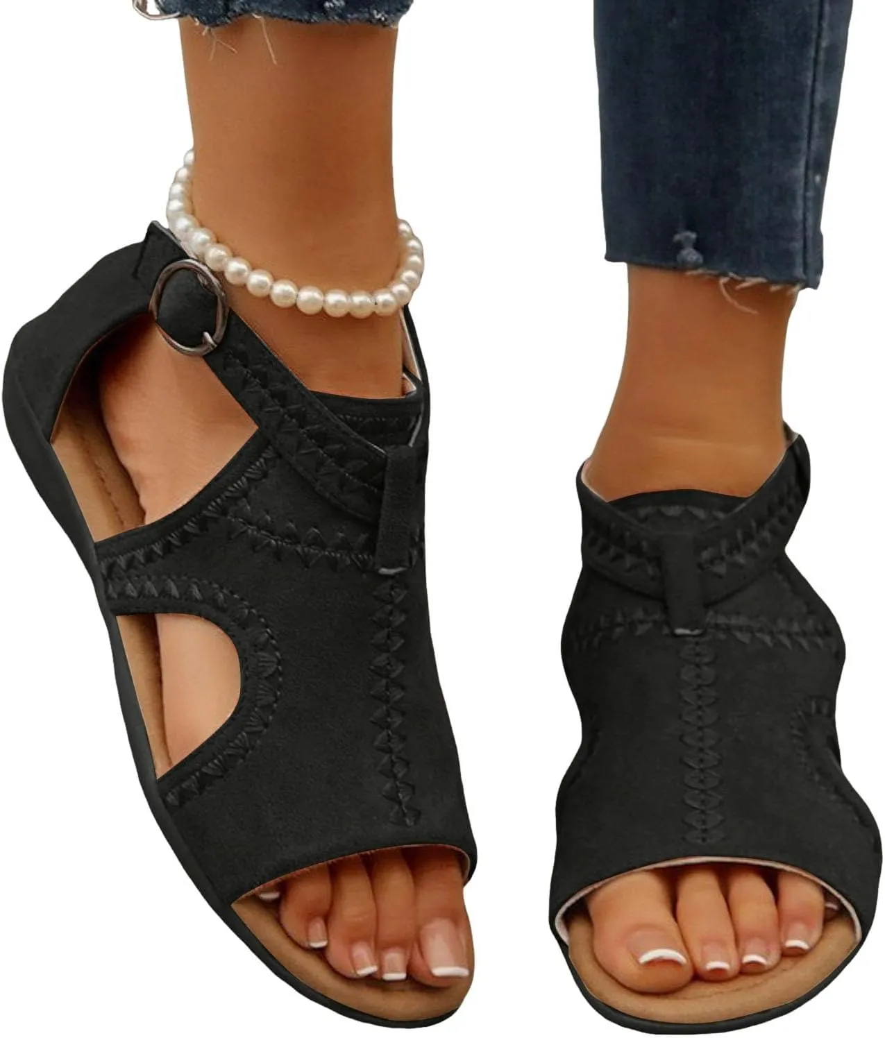 Women's Fashion Flat Sandals 2025 Spring Summer Casual Open Toe Solid Color Hollow Out Sandals Casual Comfortable Lightweight Mules Adjustable Slide Walking Shoes for Daily Wear