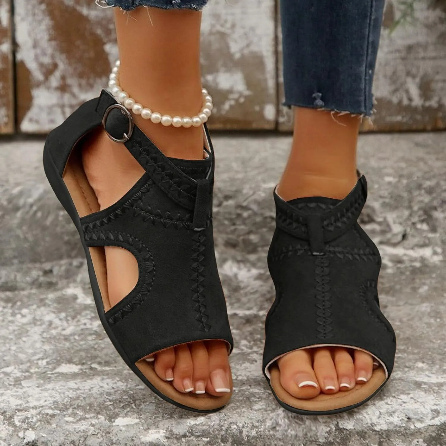 Women's Fashion Flat Sandals 2025 Spring Summer Casual Open Toe Solid Color Hollow Out Sandals Casual Comfortable Lightweight Mules Adjustable Slide Walking Shoes for Daily Wear