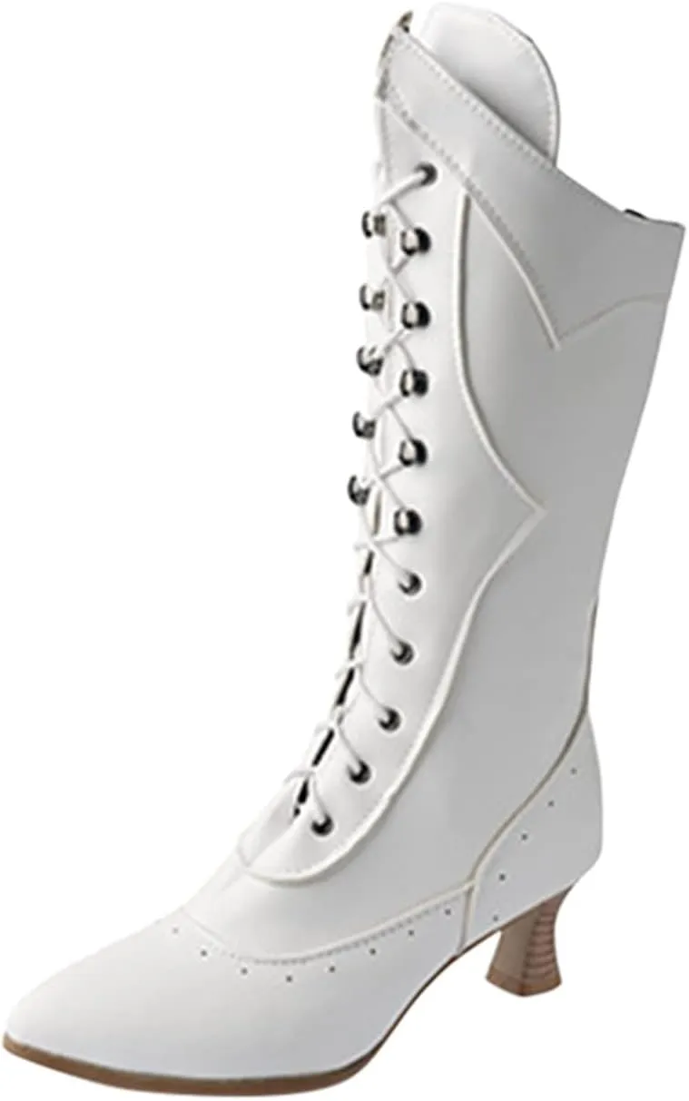 Women's Lace-up Heel Boot Gothic Vintage Mid Calf Boots Chunky Heel Pointed Toe Western Cowboy Boots Witch Costume Boots