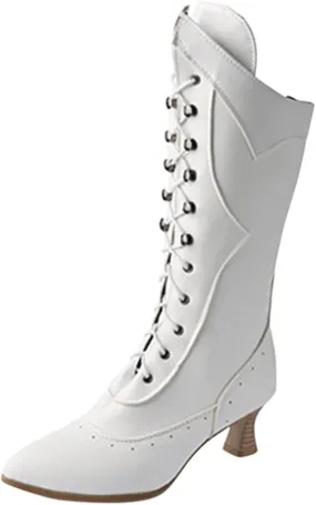 Women's Lace-up Heel Boot Gothic Vintage Mid Calf Boots Chunky Heel Pointed Toe Western Cowboy Boots Witch Costume Boots