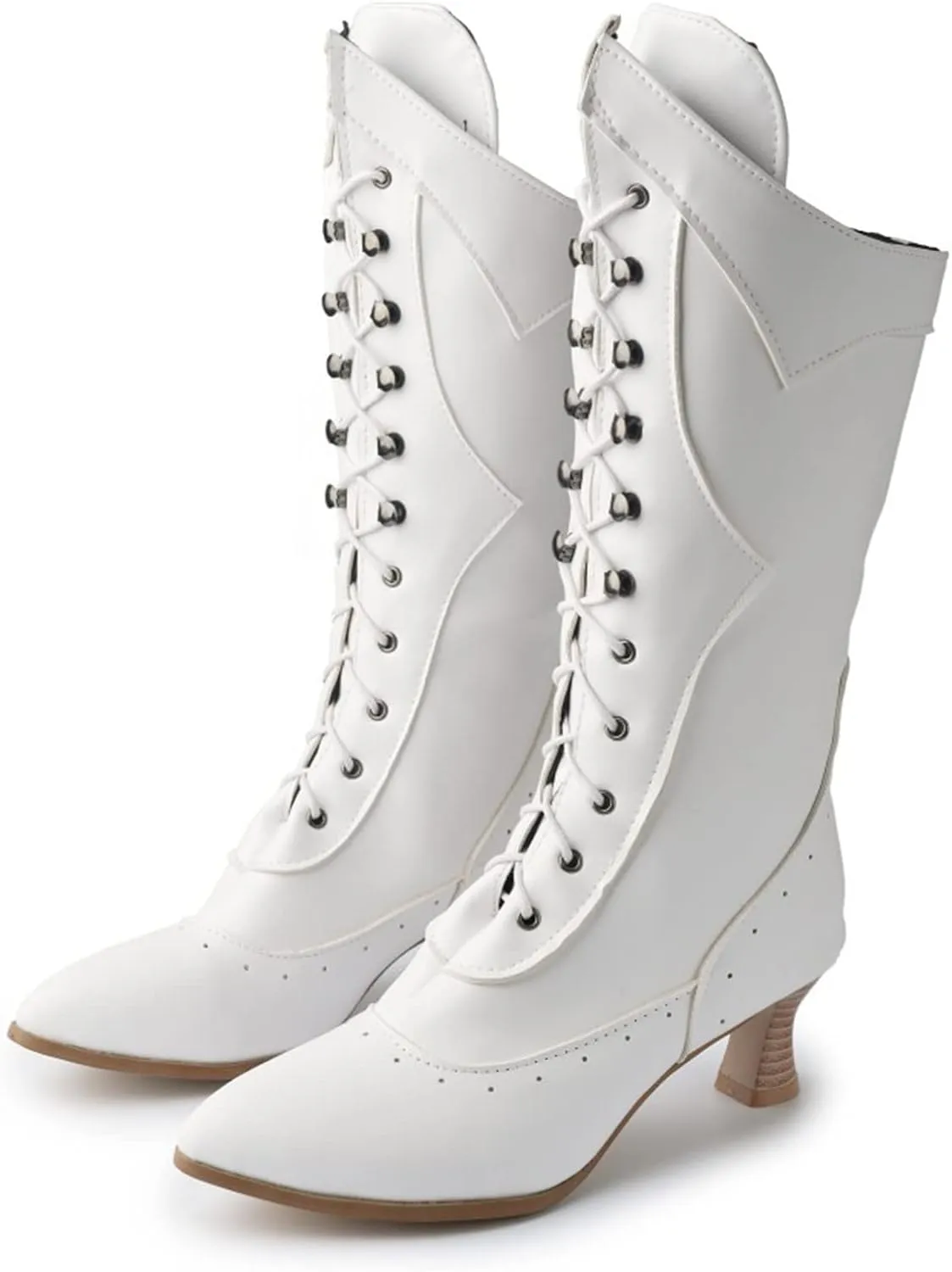 Women's Lace-up Heel Boot Gothic Vintage Mid Calf Boots Chunky Heel Pointed Toe Western Cowboy Boots Witch Costume Boots