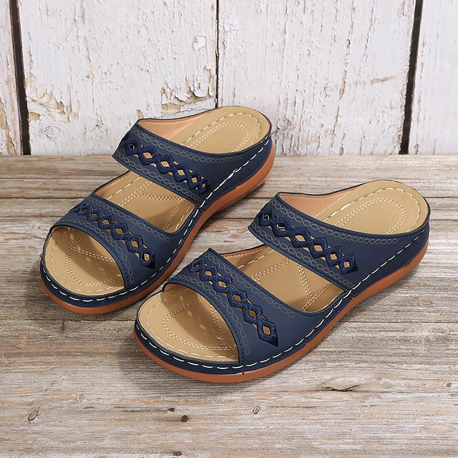 Womens Orthopedic Sandals Wide Width,Slip On Wedge Sandals for Women Arch Support Slides Lightweight Beach Sandals