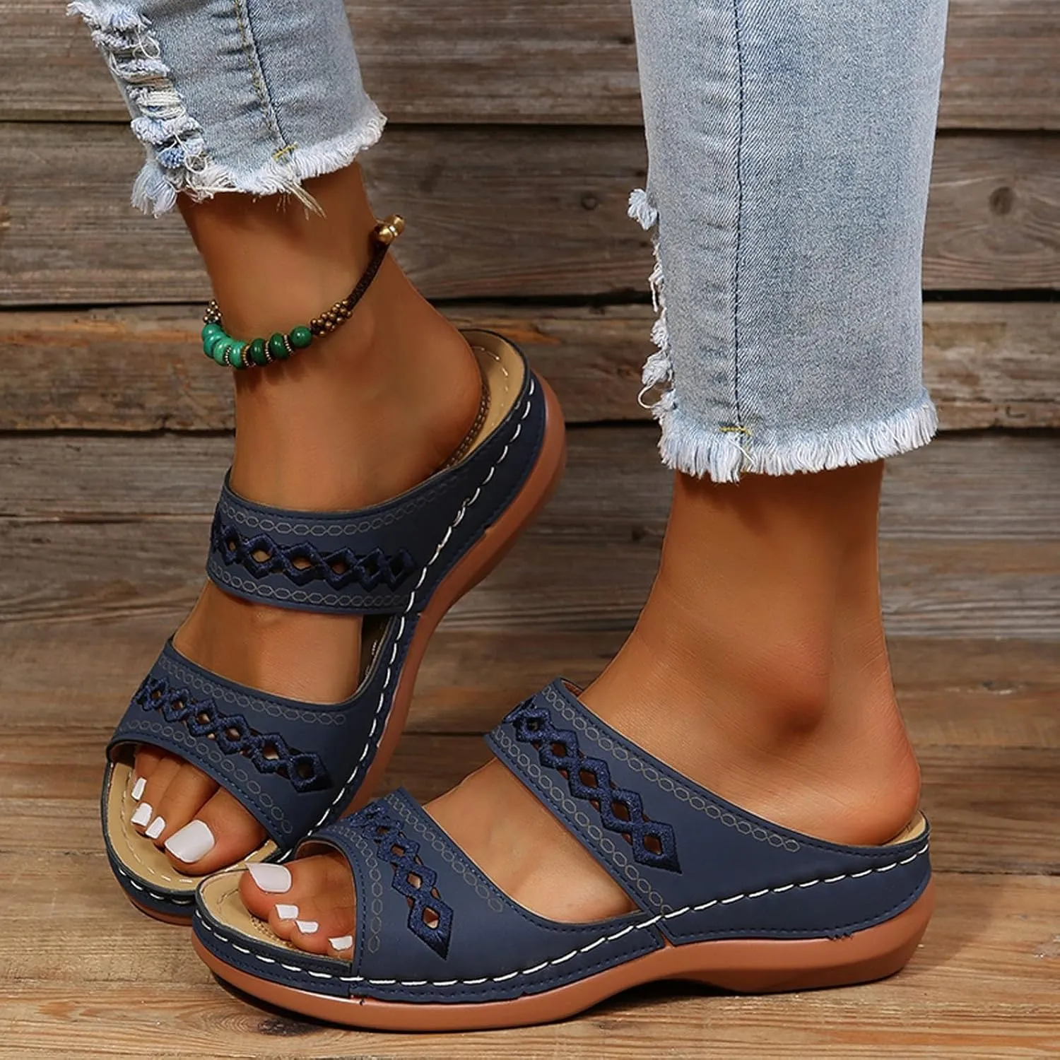 Womens Orthopedic Sandals Wide Width,Slip On Wedge Sandals for Women Arch Support Slides Lightweight Beach Sandals