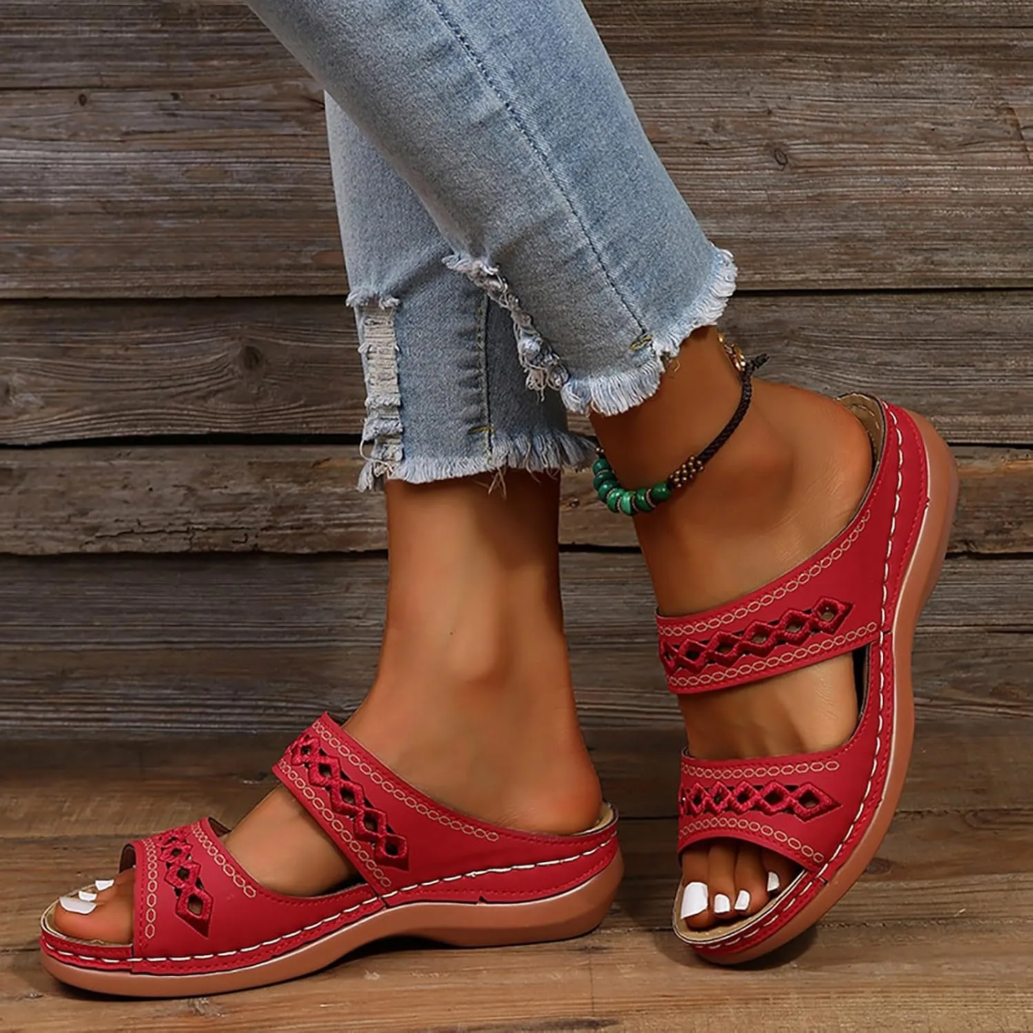 Womens Orthopedic Sandals Wide Width,Slip On Wedge Sandals for Women Arch Support Slides Lightweight Beach Sandals