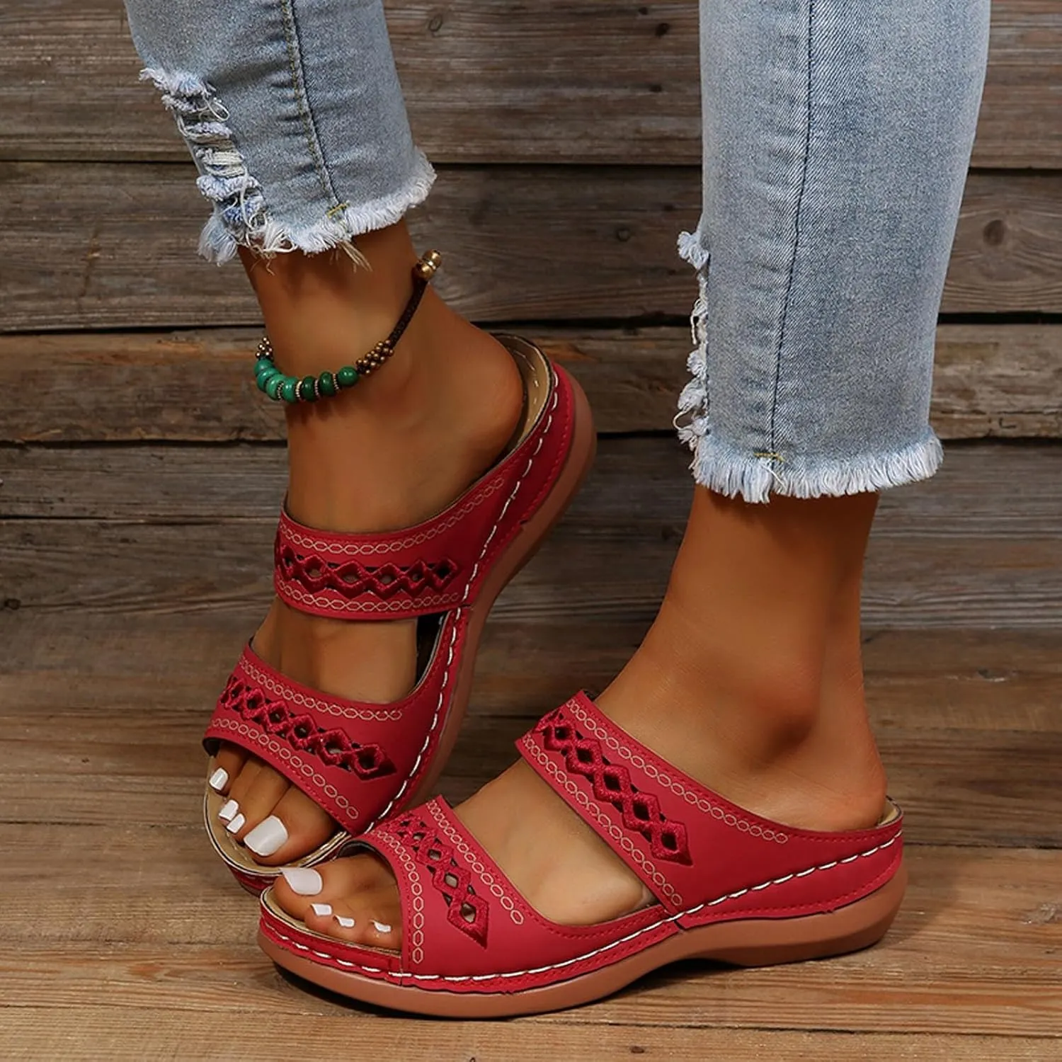 Womens Orthopedic Sandals Wide Width,Slip On Wedge Sandals for Women Arch Support Slides Lightweight Beach Sandals