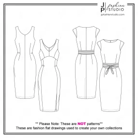Women's Pencil Dresses Fashion Flat Sketches (2 Styles) / Fashion Technical Drawings / Fashion CAD Design / Vector Templates for Adobe Illustrator