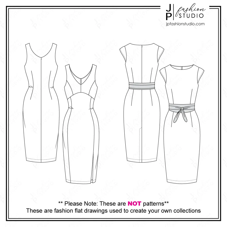 Women's Pencil Dresses Fashion Flat Sketches (2 Styles) / Fashion Technical Drawings / Fashion CAD Design / Vector Templates for Adobe Illustrator