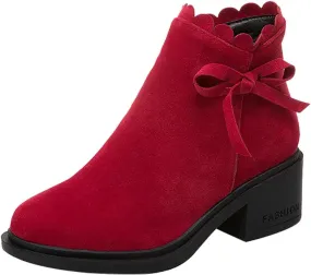 Women's Tie Knot Ankle Boots Chunky Heel Ruffle Pointed Toe Side Zipper Booties Comfortable Casual Dressy Office Boots