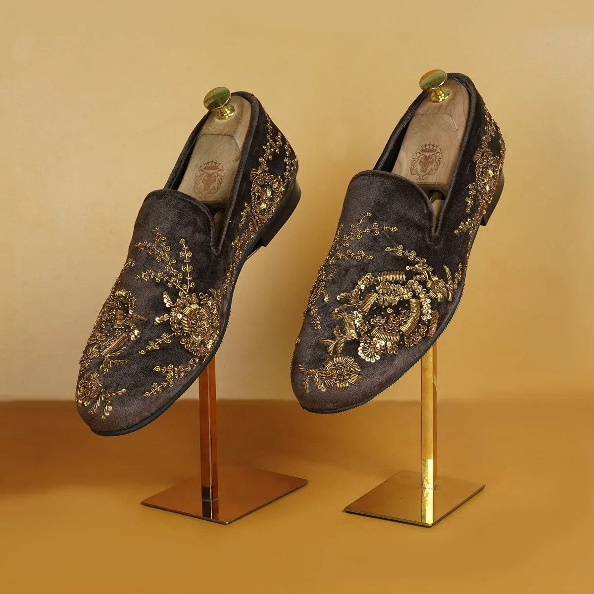 Zardozi Embroidery Slip-On Shoes in Dark Brown Velvet