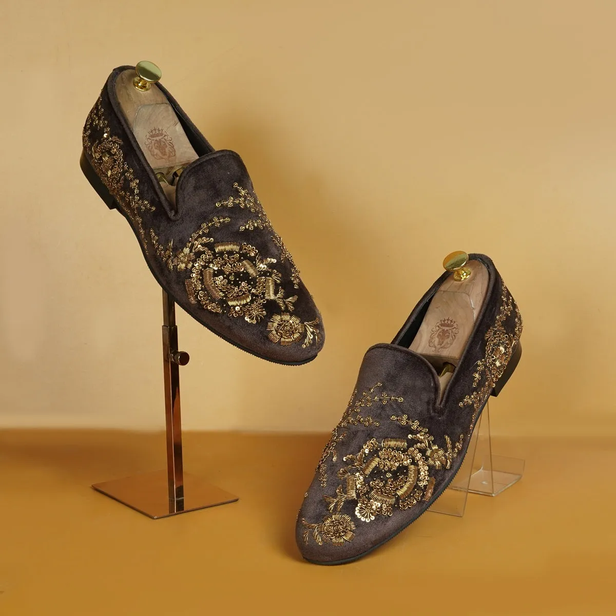 Zardozi Embroidery Slip-On Shoes in Dark Brown Velvet